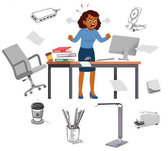 Frustrated employee surrounded by cluttered desk devices
